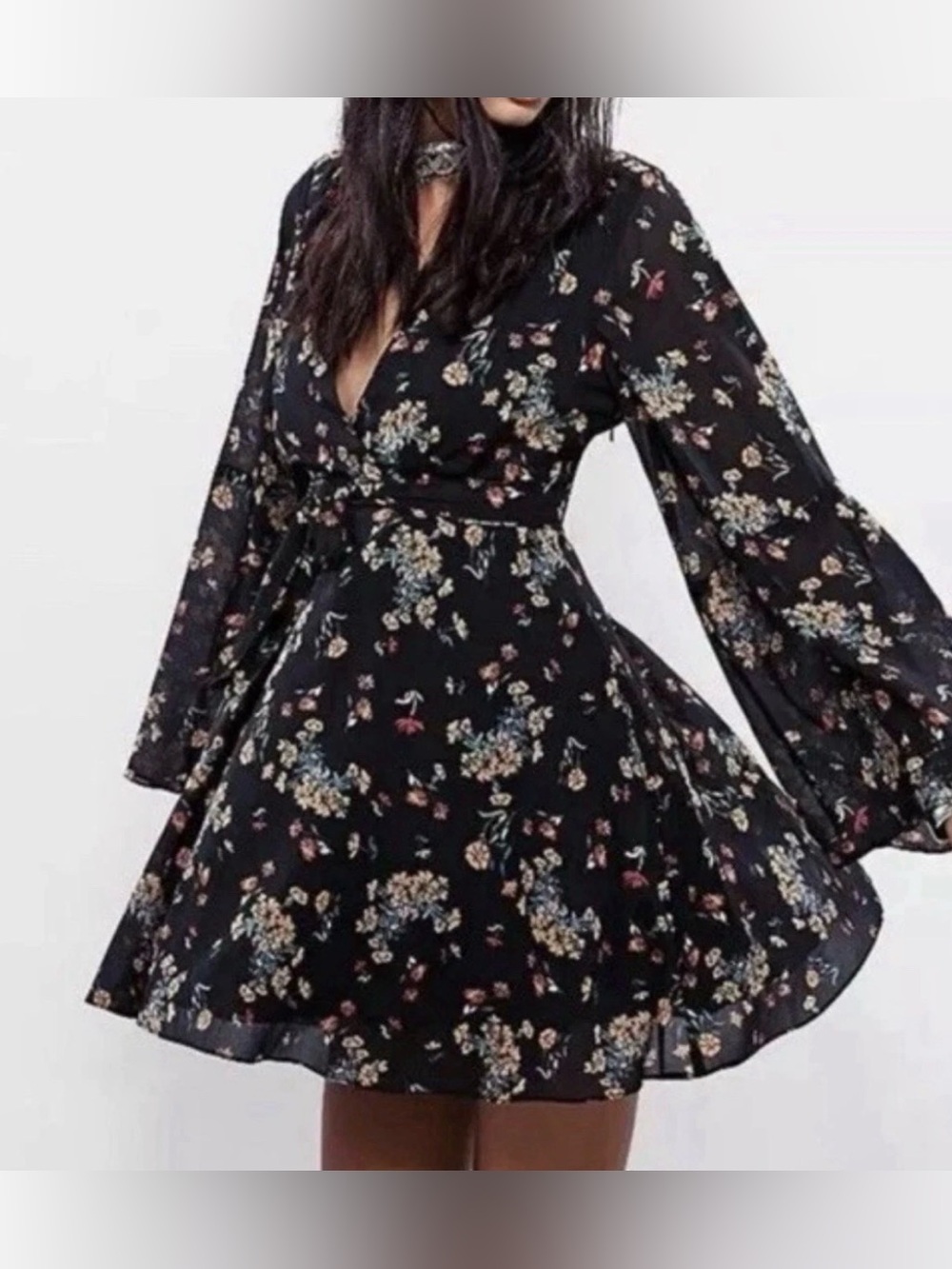 Free People Medium Retro Black Lilou Printed Mini Dress Floral Bell Sleeve Boho*